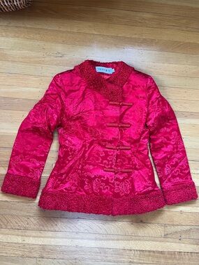 Yifei cherry red Chinese jacket silk blend faux karakul mongolian lamb fur M